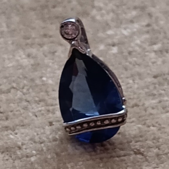 Faux Blue Sapphire Tear Drop Silver Pendant - Picture 1 of 10